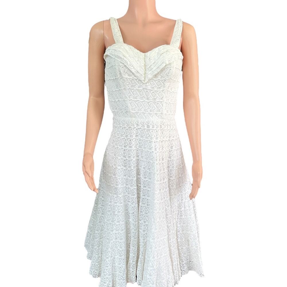 Vintage 50s 60s White Cotton Sundress Crochet Lace Fit & Flare Midi Dress Sz S/M